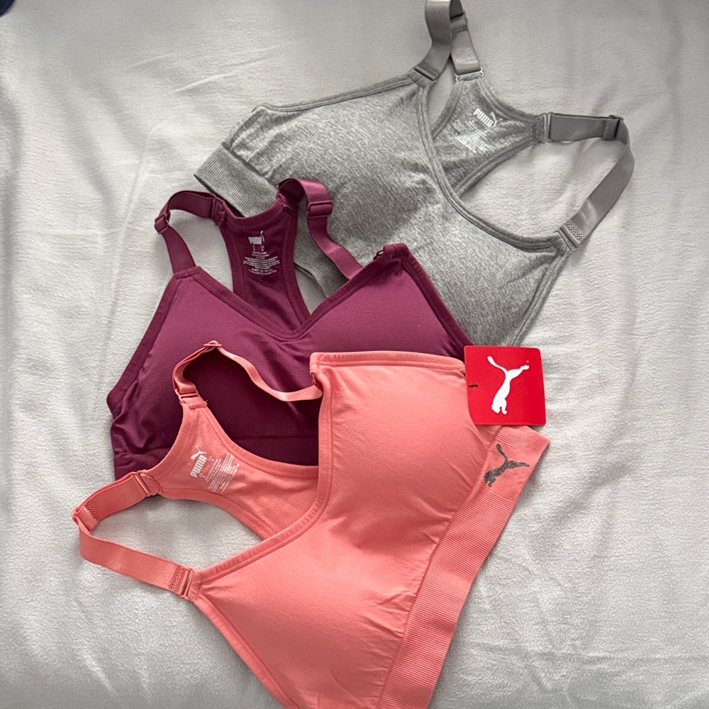 Puma Women’s Coral, Burgundy & Gray Padded Racerback Sports Bra 3-Pack